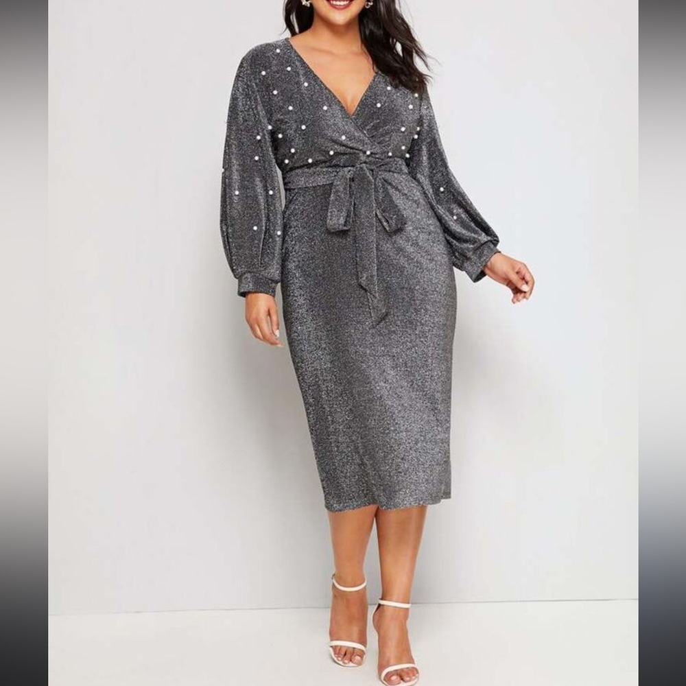 Plus Metallic Silver Pearl Embellished Belted Midi Dress with Lantern Sleeves